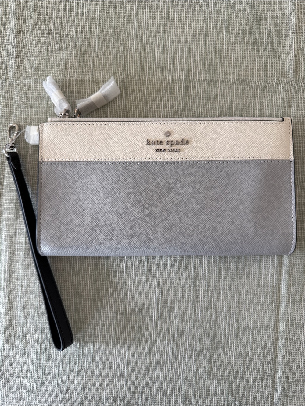 kate spade Two-Tone Saffiano Wristlet in Cream and Light Gray